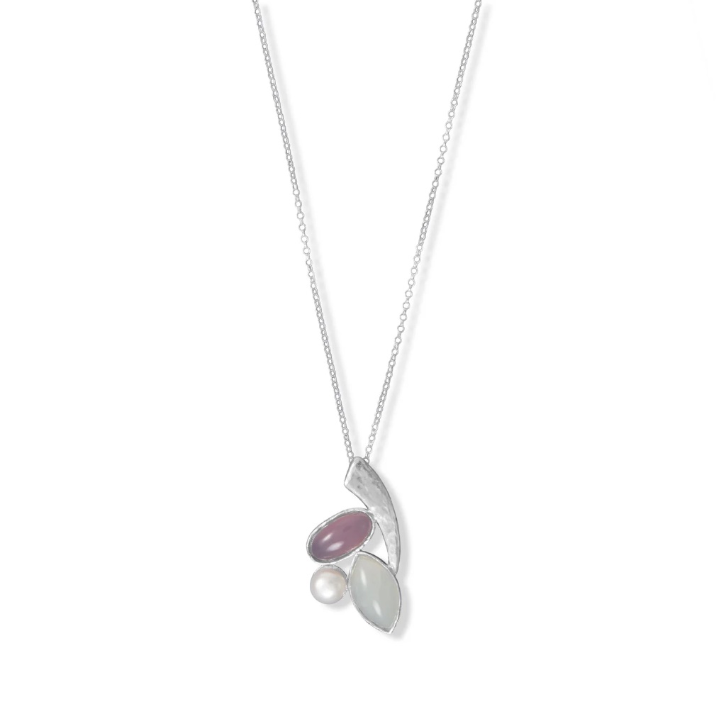 18" Rainbow Moonstone, Cultured Freshwater Pearl And Pink Chalcedony Necklace